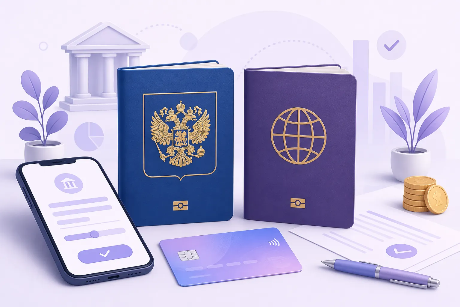 Паспорт РФ и иностранный паспорт рядом с картой банка и смартфоном